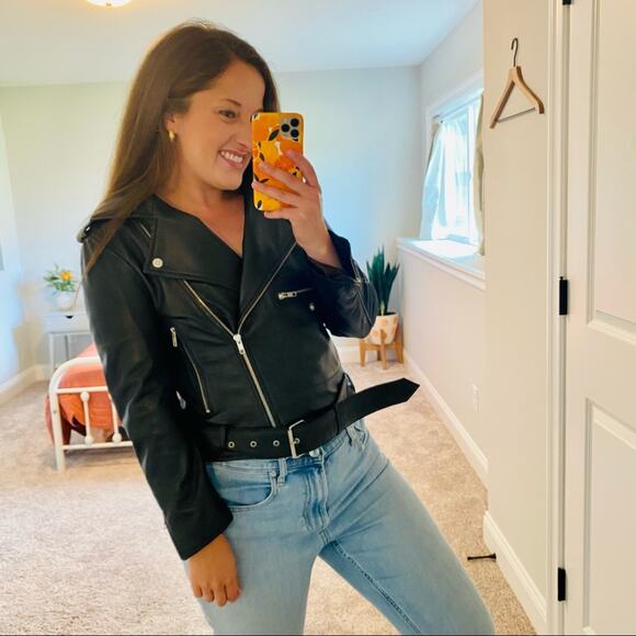 MUUBAA Black Sheep Leather Crop Moto Belted Jacket 4 - Picture 6 of 12